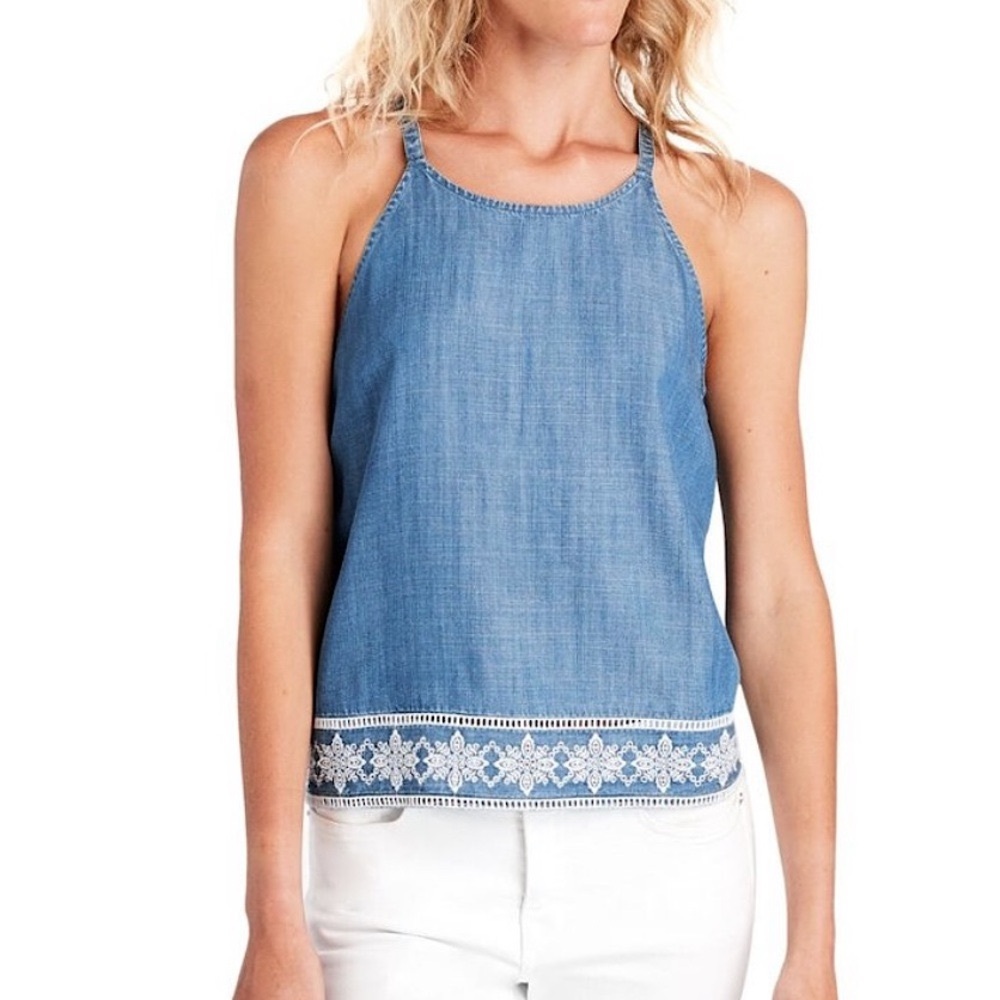 Vineyard Vines Shoreline Chambray Embroidered Halter Tank Top Blue Denim XXS